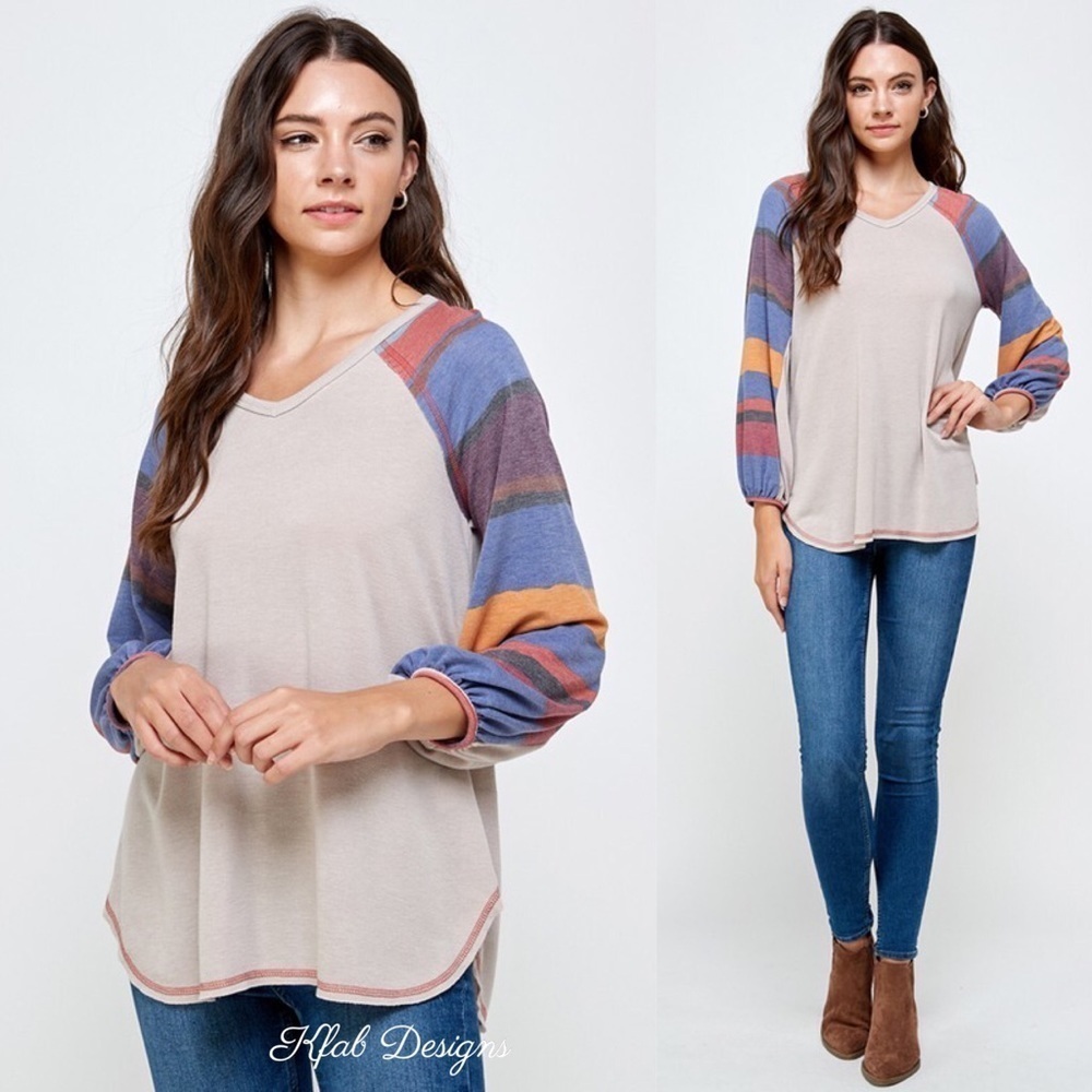 LAST 1! V Neck Slub Brush Stripe Contrast Top! - Picture 2 of 4